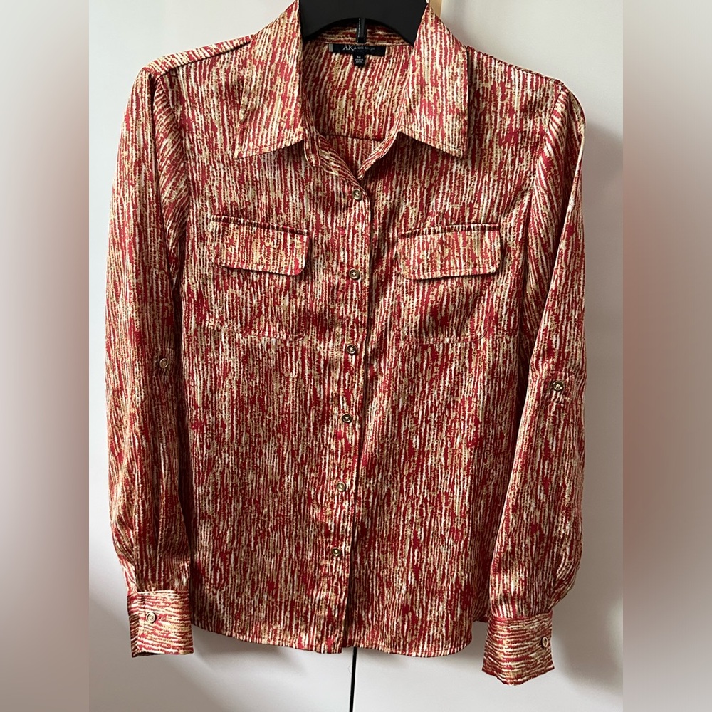 ANNE KLEIN Women Long Sleeve Button Down Blouse Red/Gold